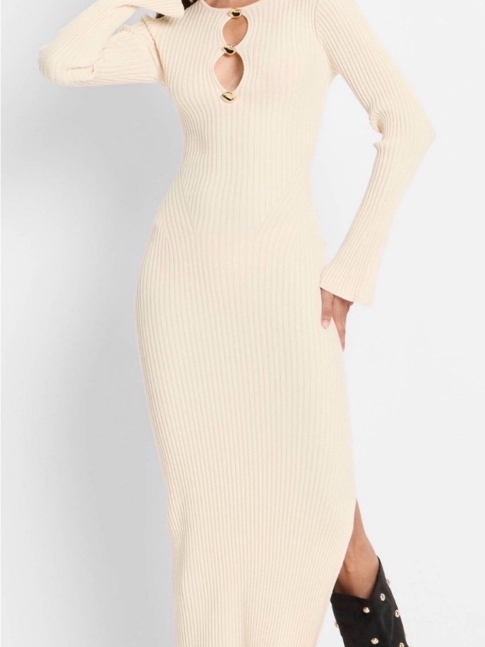 Ribbed Maxi Dress with Gold Ring Keyholes in Cream